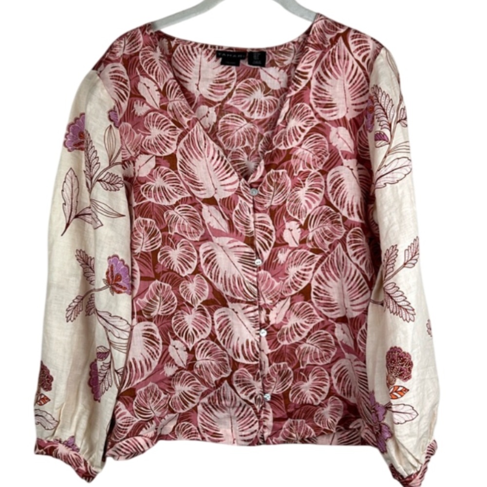 Tahari Blouse 100% Linen Long Sleeve Button Up Leaf/Floral Botanical Print Small